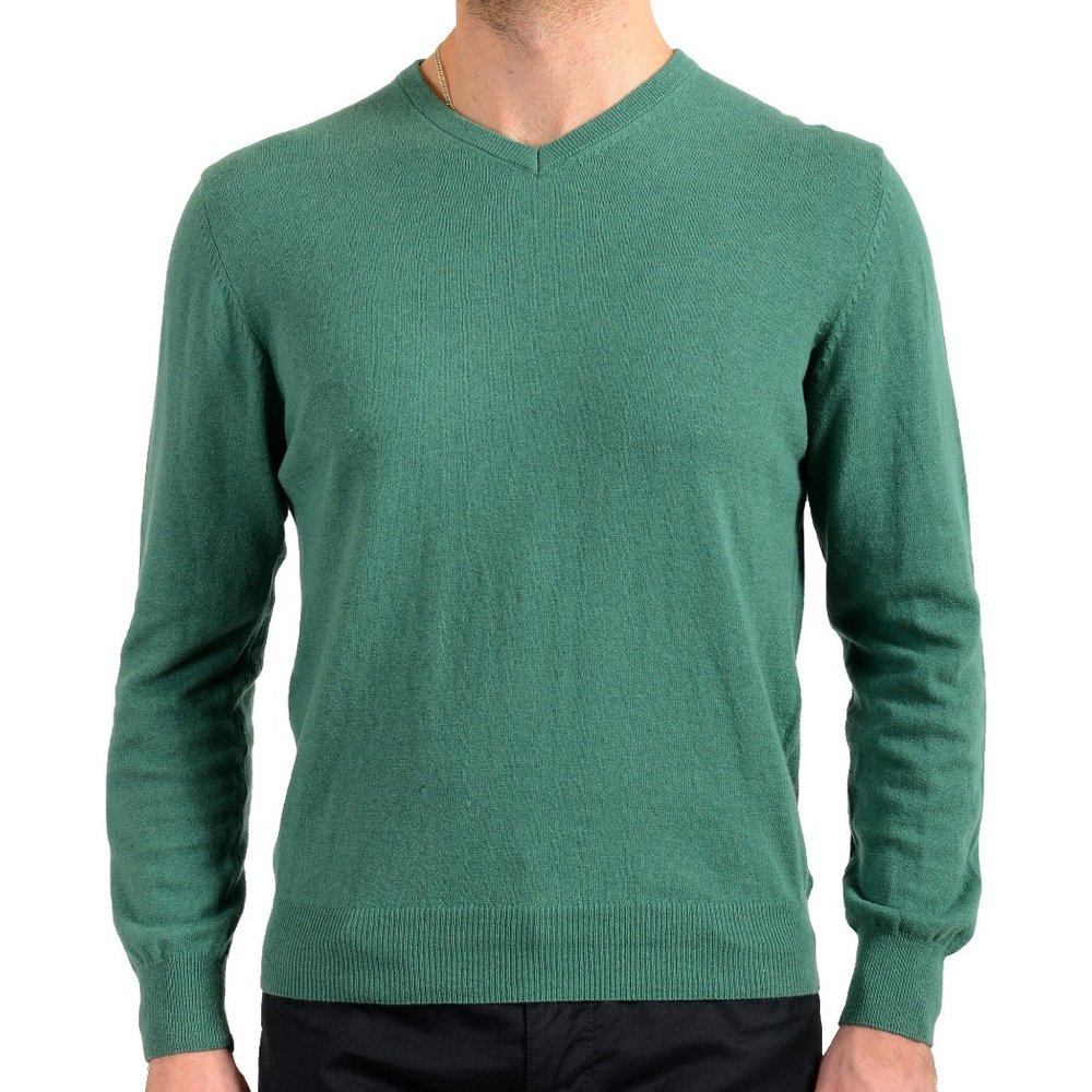 Pierre Balmain Men's Green Wool Cashmere V-Neck Pullover Sweater